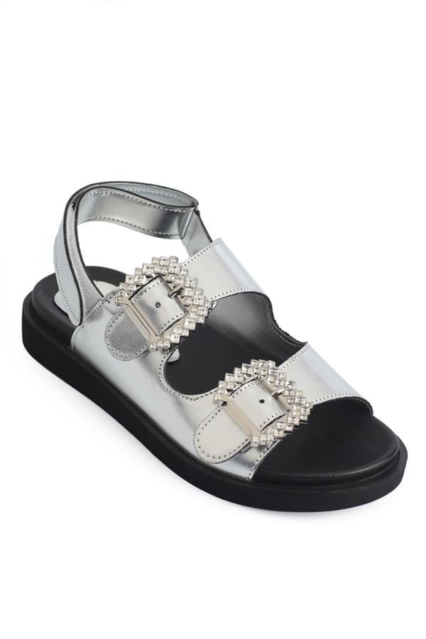 Capone Mariel Crystal Embellished Double Buckled Back Velcro Women Metallic Silver Comfort Sandals