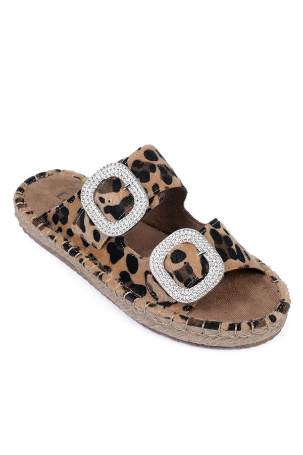 Capone Crystal Embellished Women Leopard Furry Espadrille Slippers image 1