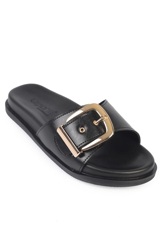 Capone Cybelle Flat Heel Single Band Metal Buckle Women Black Sandal