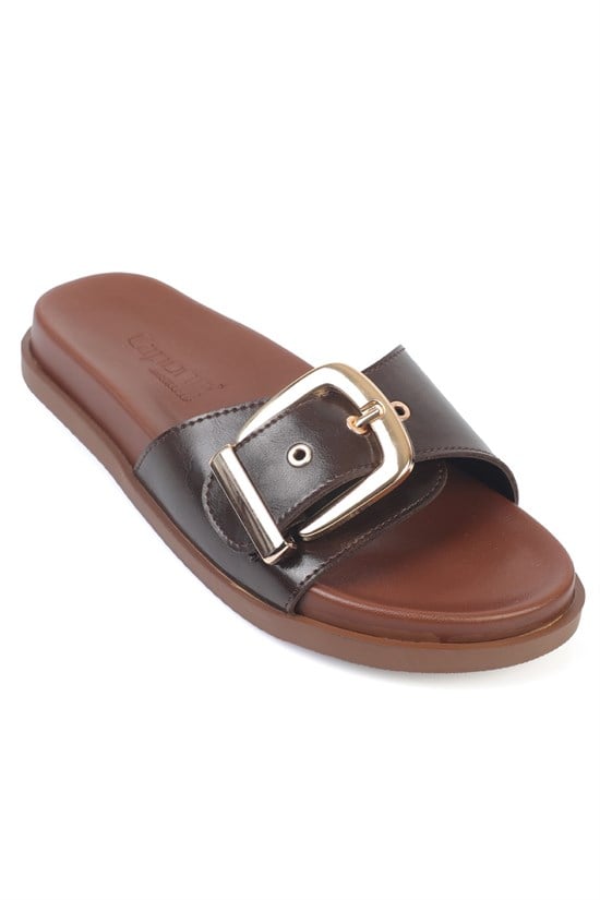 Capone Cybelle Flat Heel Single Band Metal Buckle Women Brown Sandal