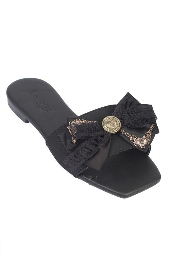 Capone  Daniella Square Toe Satin Bow Detail Flat Heel Women Satin Black Sandal