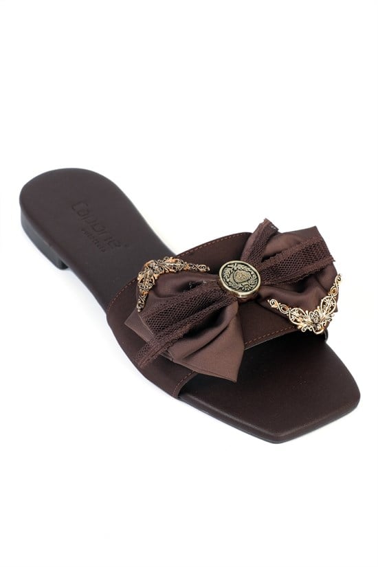 Capone  Daniella Square Toe Satin Bow Detail Flat Heel Women Satin Brown Sandal