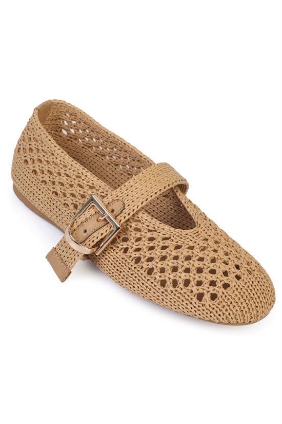 Capone Dannie Mesh Buckle Strap Round Toe Flat Heel Casual Women Nude Ballet Flat