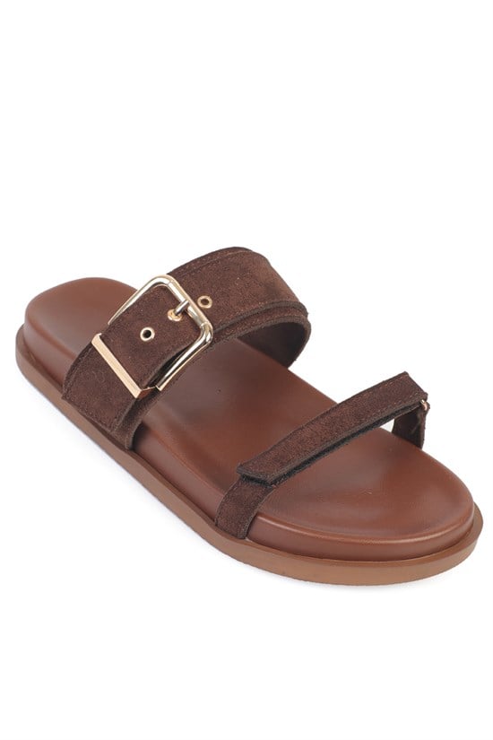 Capone Diann Flat Heel Band Metal Buckle Suede Look Women Sued Brown Sandal