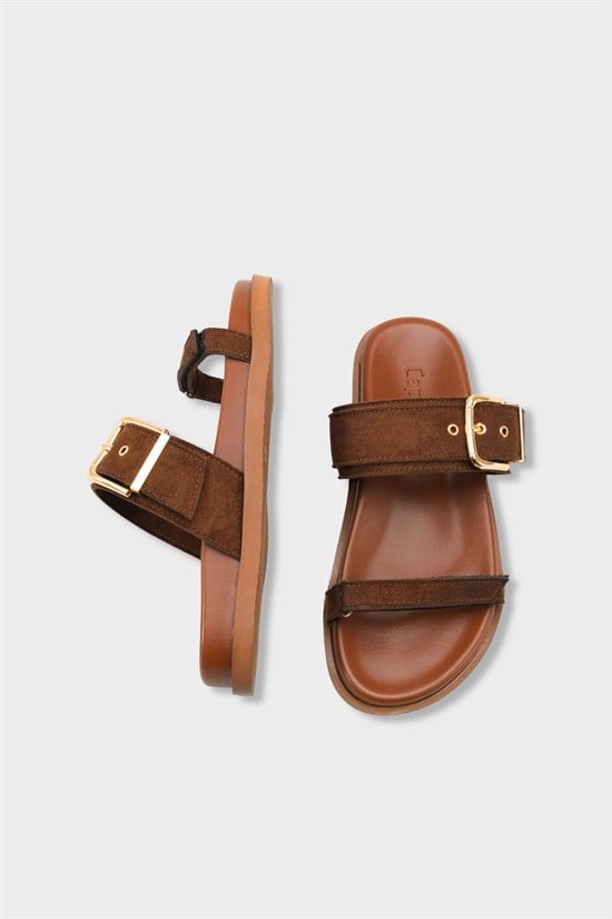 Capone Diann Flat Heel Band Metal Buckle Suede Look Women Sued Brown Sandal image 6
