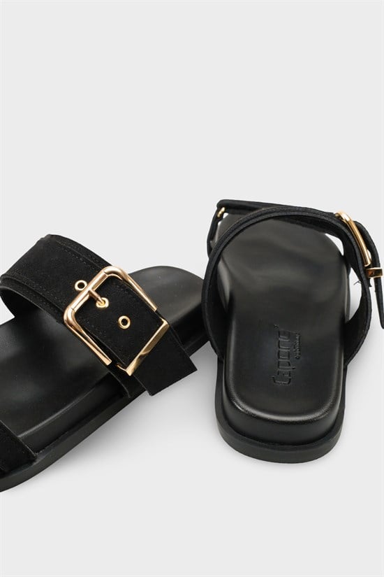 Capone Diann Flat Heel Band Metal Buckle Suede Look Women Sued Black Sandal image 5