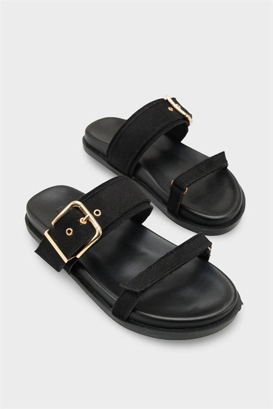 Capone Diann Flat Heel Band Metal Buckle Suede Look Women Sued Black Sandal image 3