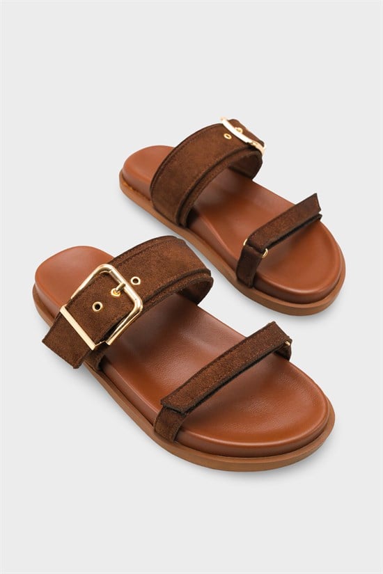 Capone Diann Flat Heel Band Metal Buckle Suede Look Women Sued Brown Sandal image 3