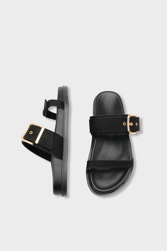 Capone Diann Flat Heel Band Metal Buckle Suede Look Women Sued Black Sandal image 6