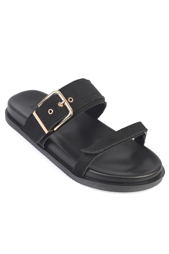 Capone Diann Flat Heel Band Metal Buckle Suede Look Women Sued Black Sandal