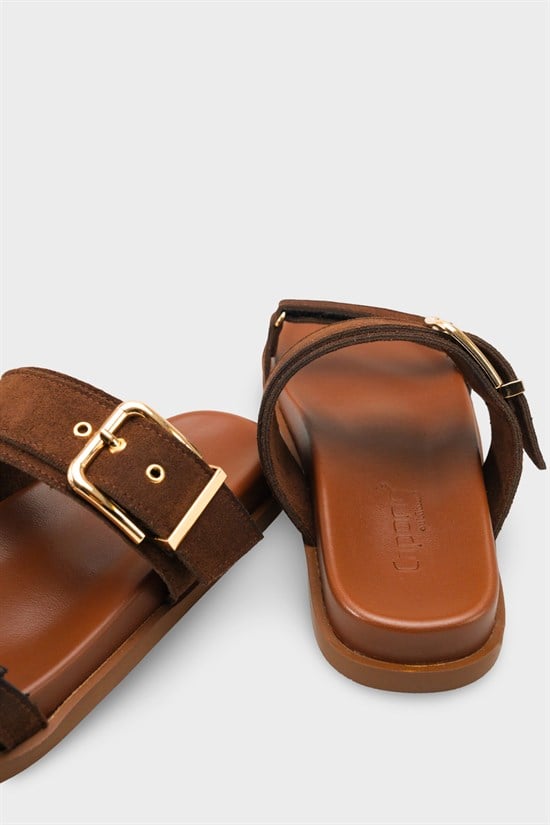 Capone Diann Flat Heel Band Metal Buckle Suede Look Women Sued Brown Sandal image 5