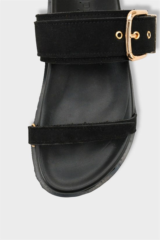 Capone Diann Flat Heel Band Metal Buckle Suede Look Women Sued Black Sandal image 4