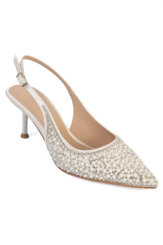 Capone Dorri Fully Crystal Embellished Pointed Toe Satin Open Back Wedding Women White Heel Shoe