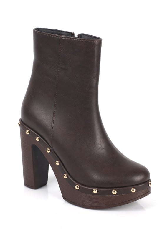 Capone Dory Stud Detail Side Zip Platform Women Brown Ankle Boot