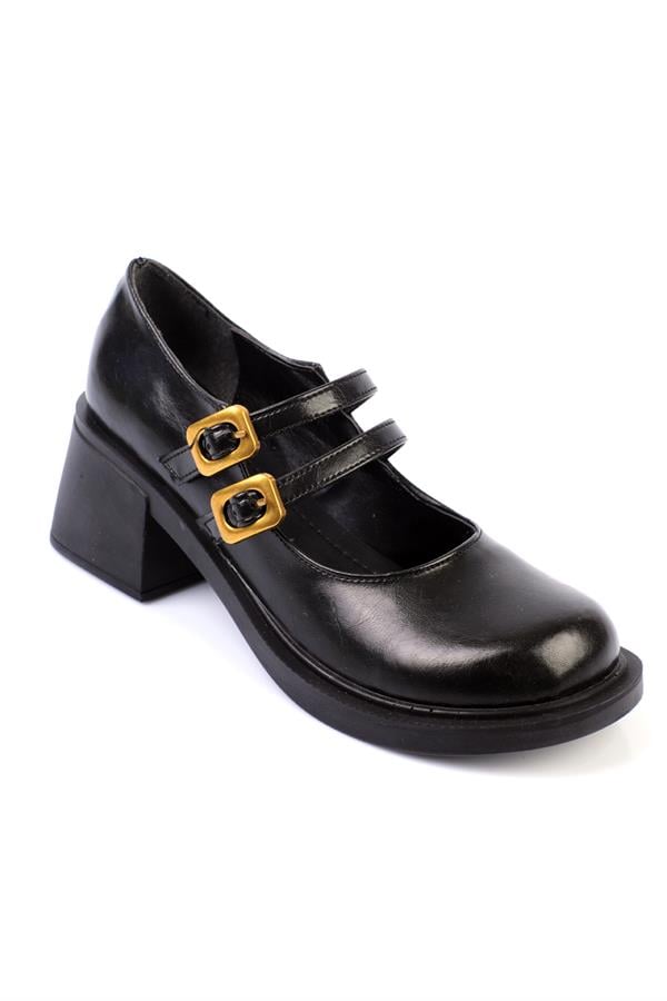 Capone Double Buckled Mary Jane Women Black Shoes