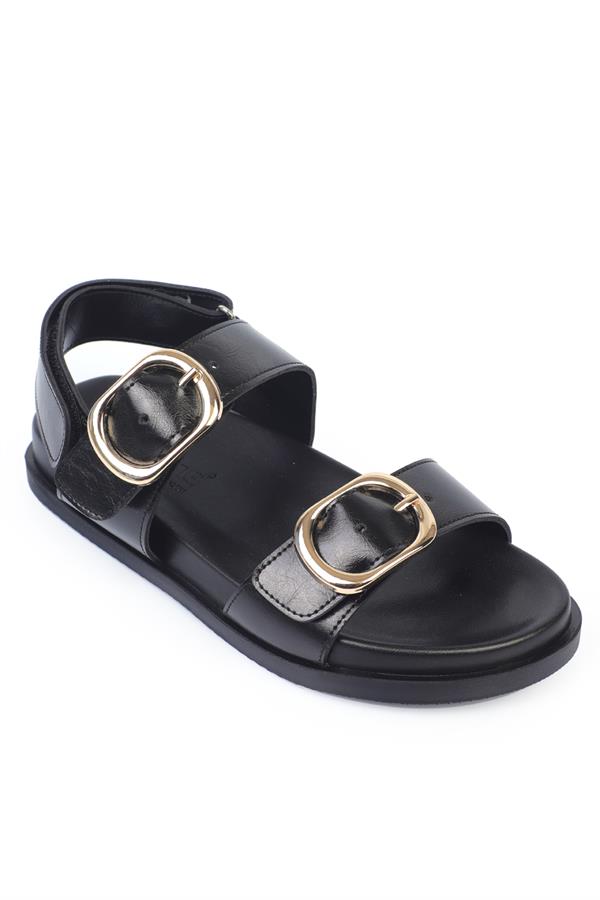 Capone Double Metal Buckle Flat Heel Women Black Sandals image 1