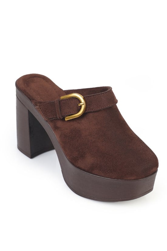 Capone Edith Platform Suede Look Ankle Strap Women Sued Brown Clog