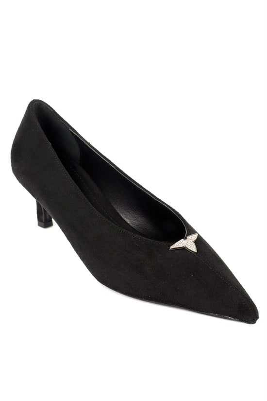 Capone Elly Pointed Toe Crystal Embellished Mid Heel Women Sued Black Shoe