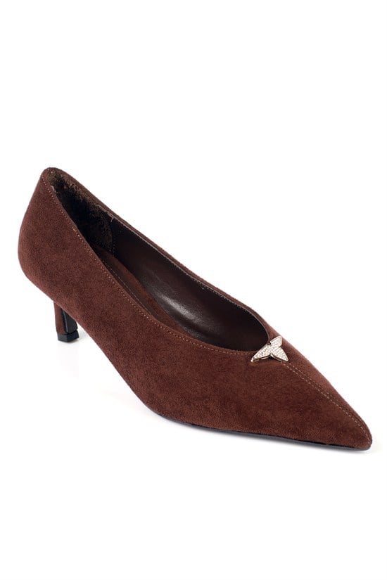 Capone Elly Pointed Toe Crystal Embellished Mid Heel Women Sued Brown Shoe