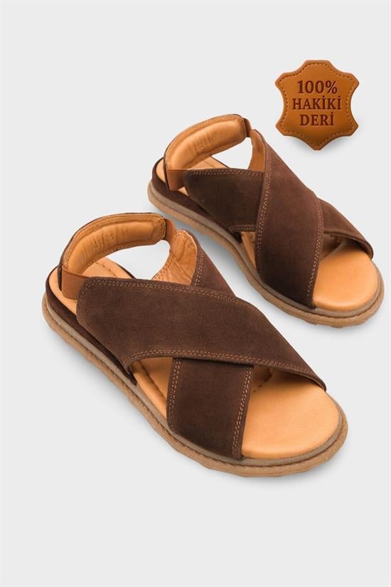 Capone Elvira Cross Velcro Strapped Leather Women Brown Sandals image 3