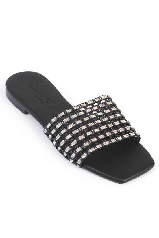 Capone Faina  Square Toe Crystal Embellished Flat Heel Women Black Sandal