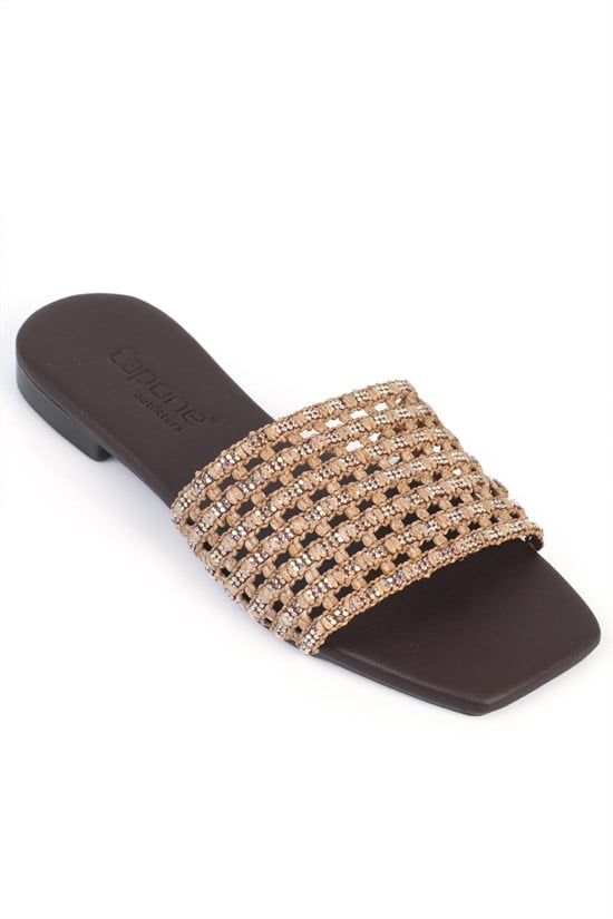Capone Faina  Square Toe Crystal Embellished Flat Heel Women Brown Sandal