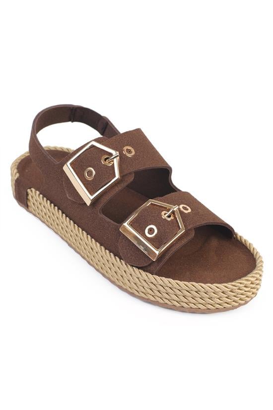 Capone Faith Suede Look Metal Buckle Comfort Women Brown Sandal