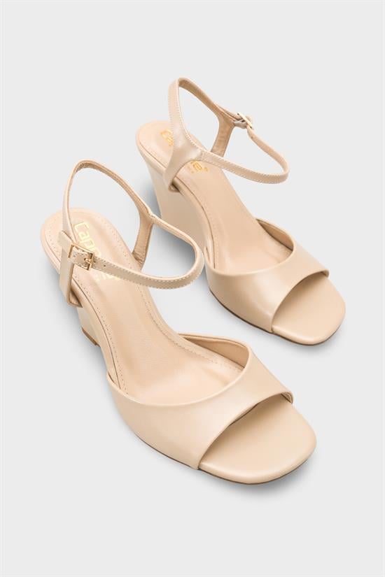 Capone Fanni Genuine Leather Lined Wedge Heel Ankle Strap Women Beige Shoe image 3