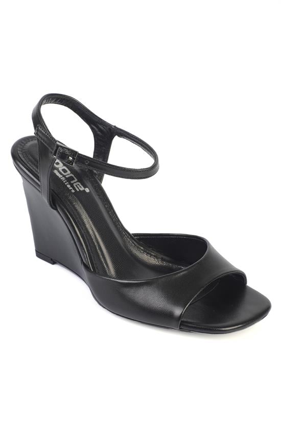 Capone Fanni Genuine Leather Lined Wedge Heel Ankle Strap Women Black Shoe
