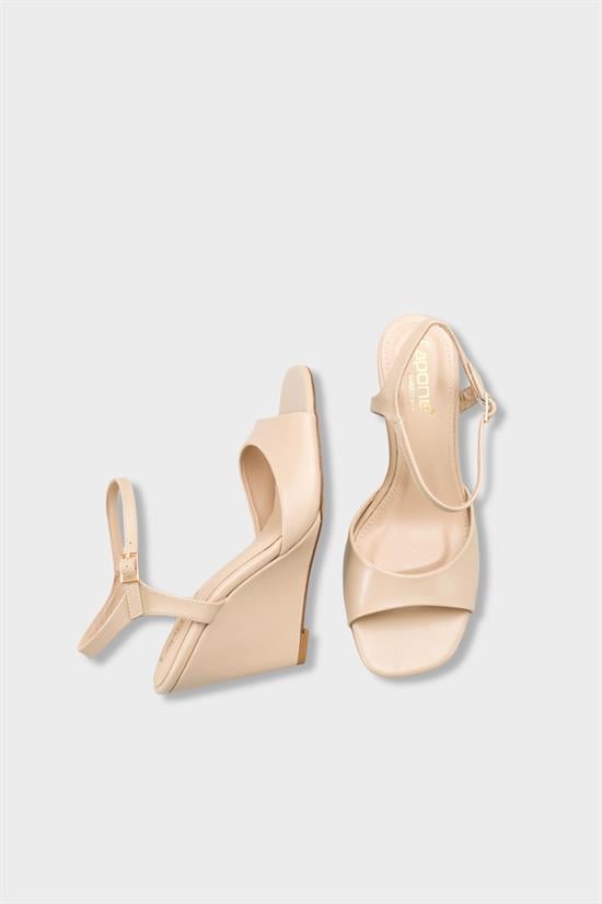 Capone Fanni Genuine Leather Lined Wedge Heel Ankle Strap Women Beige Shoe image 6