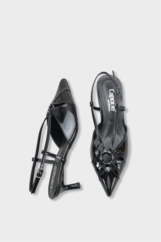 Capone Faydra Suede Look Pointed Toe Open Back Mid Heel Women Patent Black Shoe image 6