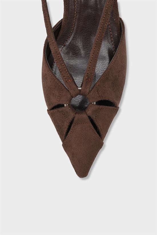 Capone Faydra Suede Look Pointed Toe Open Back Mid Heel Women Sued Brown Shoe image 4