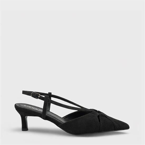 Capone Faydra Suede Look Pointed Toe Open Back Mid Heel Women Sued Black Shoe image 2