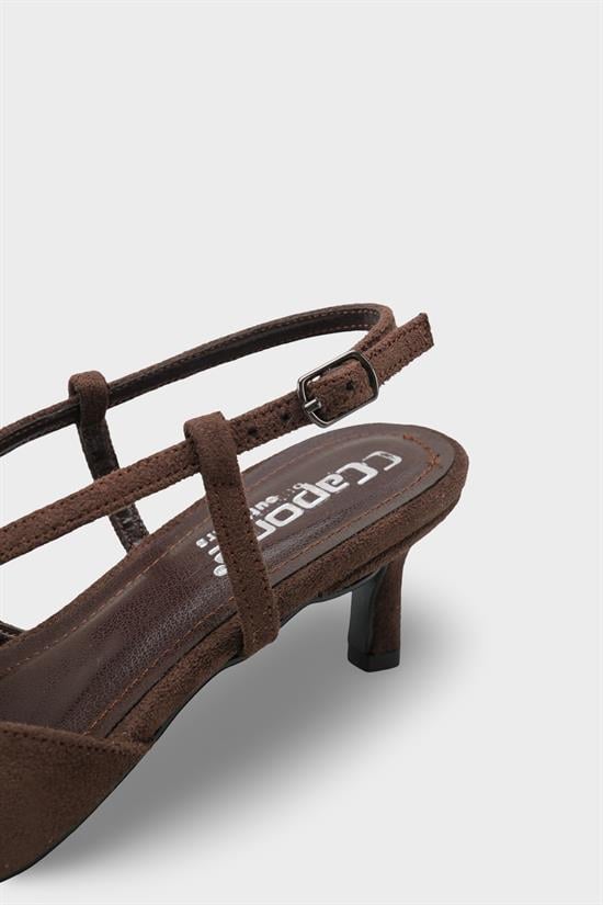 Capone Faydra Suede Look Pointed Toe Open Back Mid Heel Women Sued Brown Shoe image 5