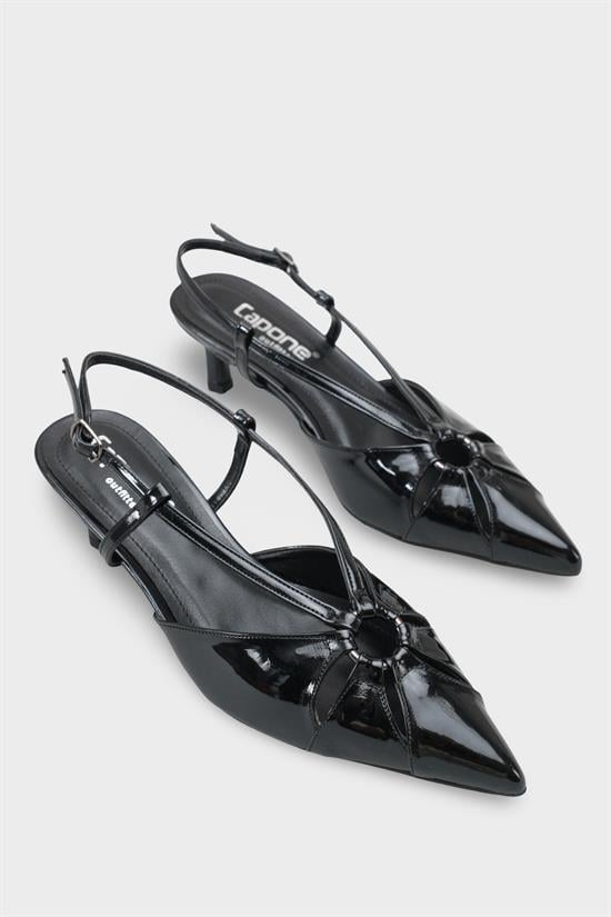 Capone Faydra Suede Look Pointed Toe Open Back Mid Heel Women Patent Black Shoe image 3