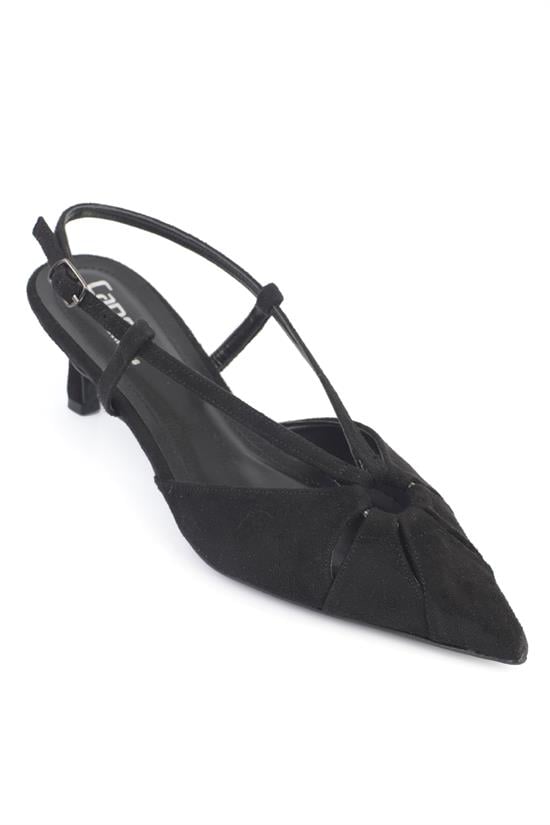Capone Faydra Suede Look Pointed Toe Open Back Mid Heel Women Sued Black Shoe