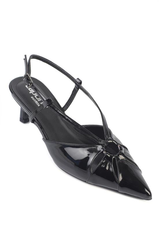 Capone Faydra Suede Look Pointed Toe Open Back Mid Heel Women Patent Black Shoe