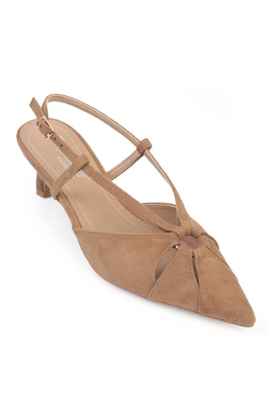 Capone Faydra Suede Look Pointed Toe Open Back Mid Heel Women Sued Mink Shoe