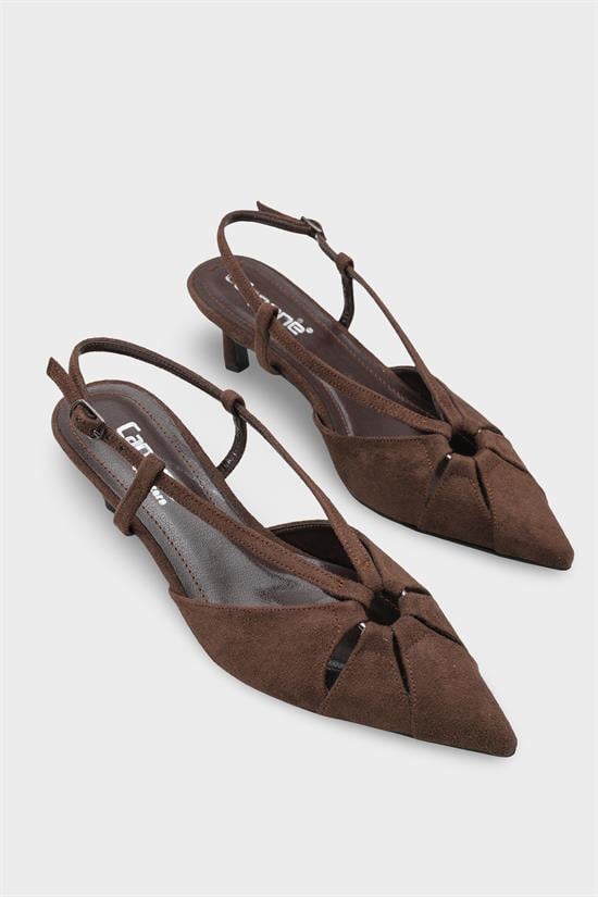 Capone Faydra Suede Look Pointed Toe Open Back Mid Heel Women Sued Brown Shoe image 3