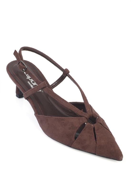 Capone Faydra Suede Look Pointed Toe Open Back Mid Heel Women Sued Brown Shoe