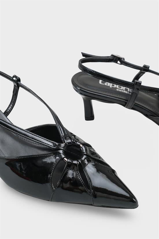 Capone Faydra Suede Look Pointed Toe Open Back Mid Heel Women Patent Black Shoe image 5