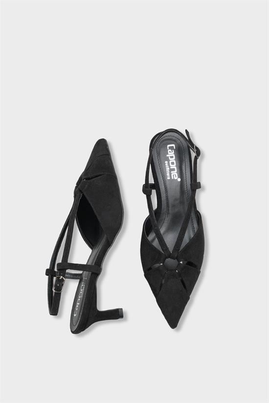 Capone Faydra Suede Look Pointed Toe Open Back Mid Heel Women Sued Black Shoe image 6