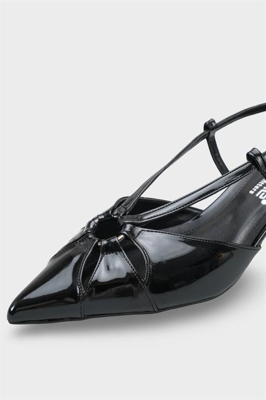 Capone Faydra Suede Look Pointed Toe Open Back Mid Heel Women Patent Black Shoe image 4