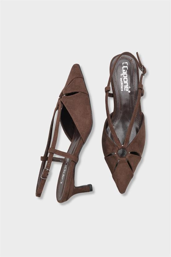 Capone Faydra Suede Look Pointed Toe Open Back Mid Heel Women Sued Brown Shoe image 6