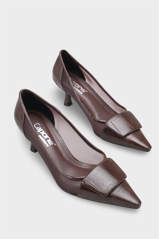 Capone Fidela Mesh Pointed Toe Croc Effect Mid Heel Women Brown Shoe image 3