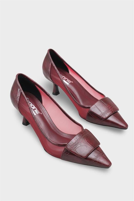 Capone Fidela Mesh Pointed Toe Croc Effect Mid Heel Women Burgundy Shoe image 3