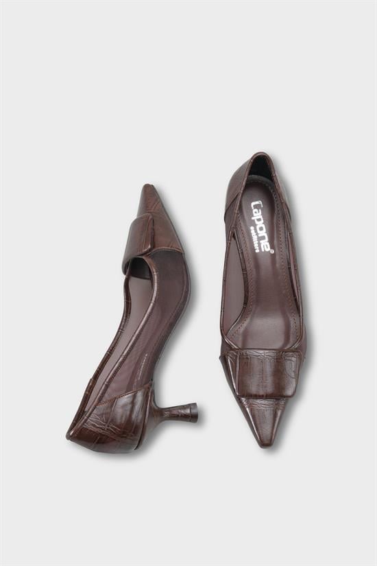 Capone Fidela Mesh Pointed Toe Croc Effect Mid Heel Women Brown Shoe image 6