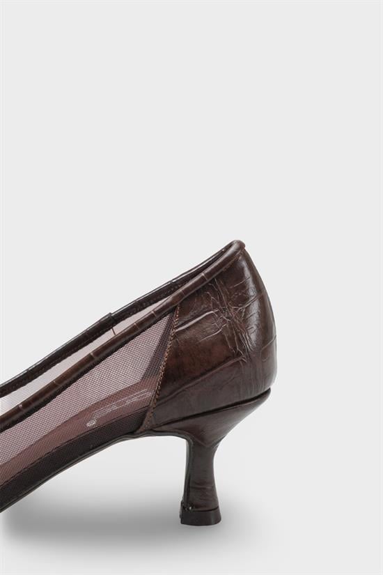 Capone Fidela Mesh Pointed Toe Croc Effect Mid Heel Women Brown Shoe image 4