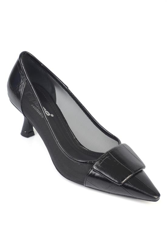 Capone Fidela Mesh Pointed Toe Croc Effect Mid Heel Women Black Shoe