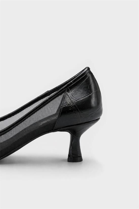 Capone Fidela Mesh Pointed Toe Croc Effect Mid Heel Women Black Shoe image 5